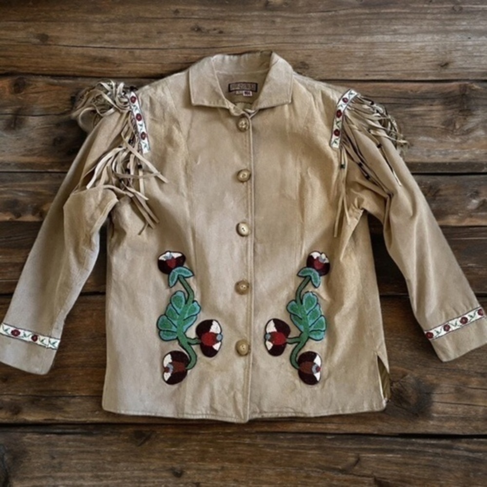 Double D Ranch vintage Beaded Fringe Suede Leather “Telling Stories” Jacket - Picture 2 of 16